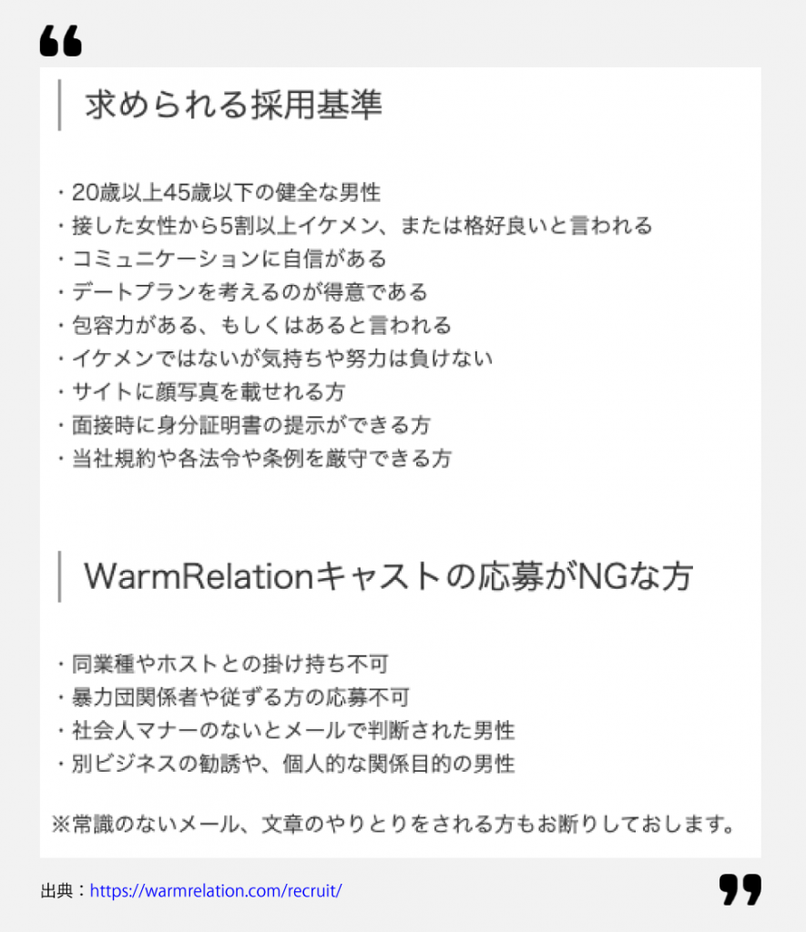 「WarmRelation」のキャスト募集要項ページ