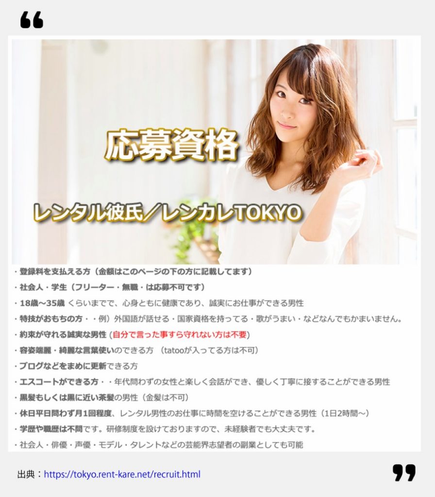 レンタル彼氏サービス「レンカレTOKYO」の募集要項